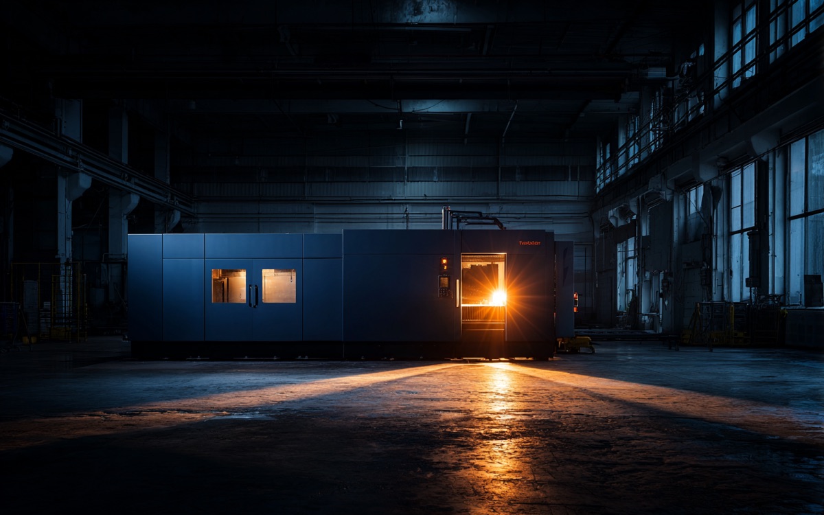 Machine laser capotée dans un atelier obscur, lumière s'échappant d'une trappe ouverte